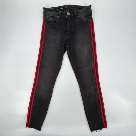 STS Blue Stella High Rise Black Red Striped Frayed Hem Crop Jeans Size 25 - Picture 1 of 6